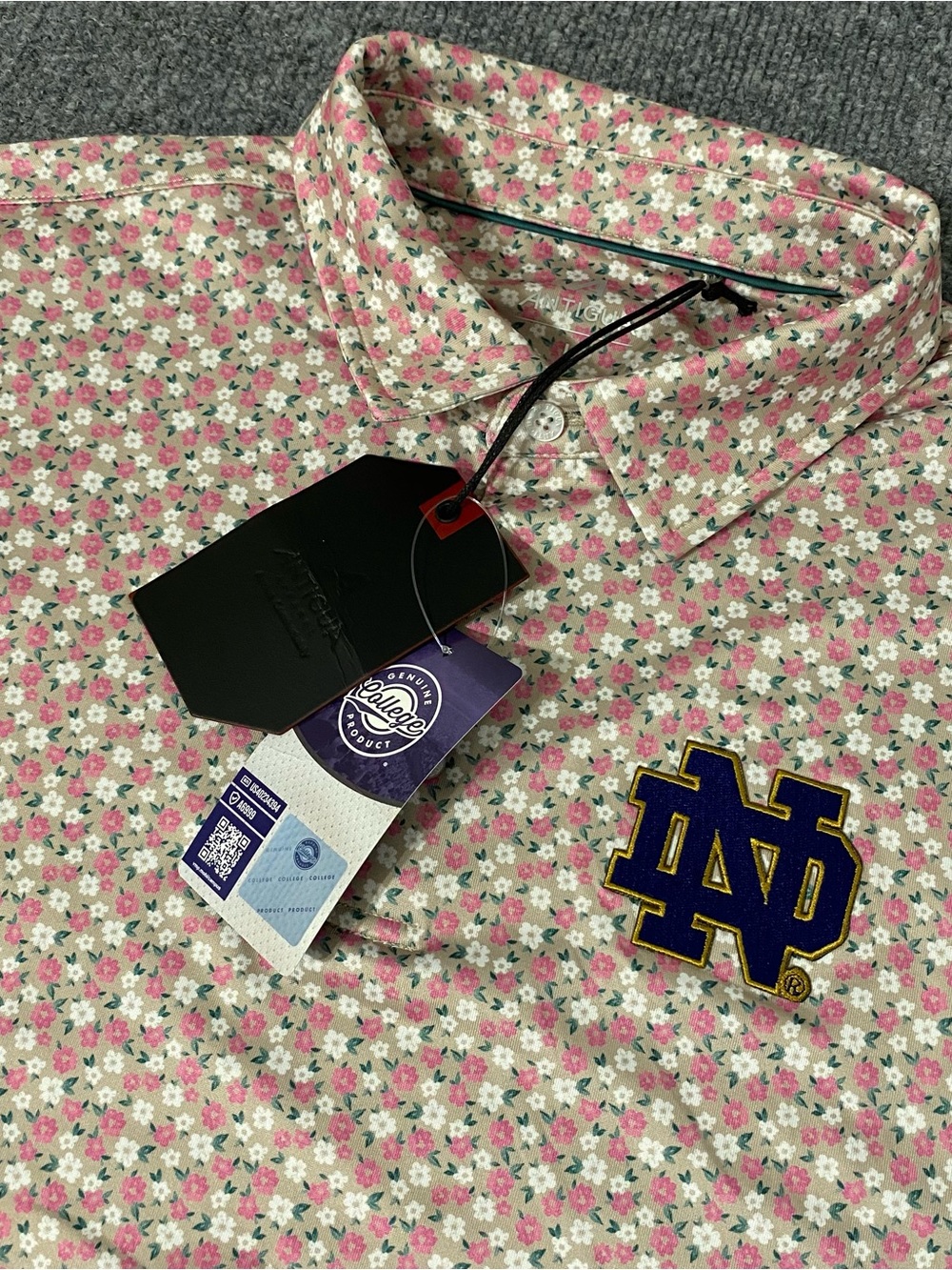 Notre Dame Fighting Irish Dry Dogwood Floral AOP Antigua Polo Mens L NWT